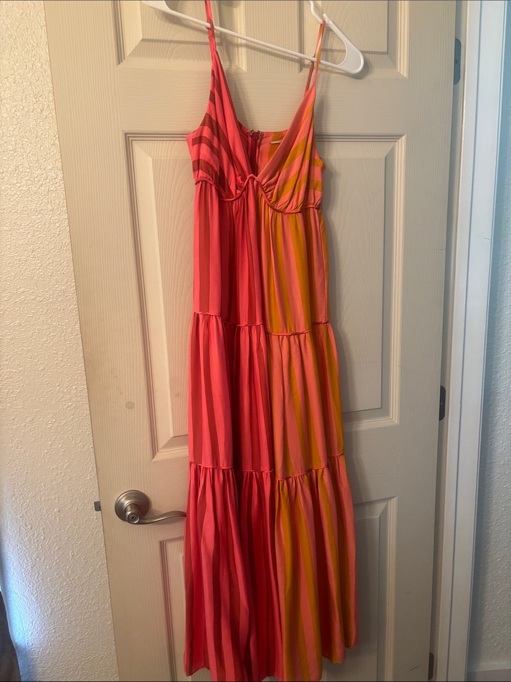 FARM Rio Coral Pink and Yellow Striped Maxi Dress